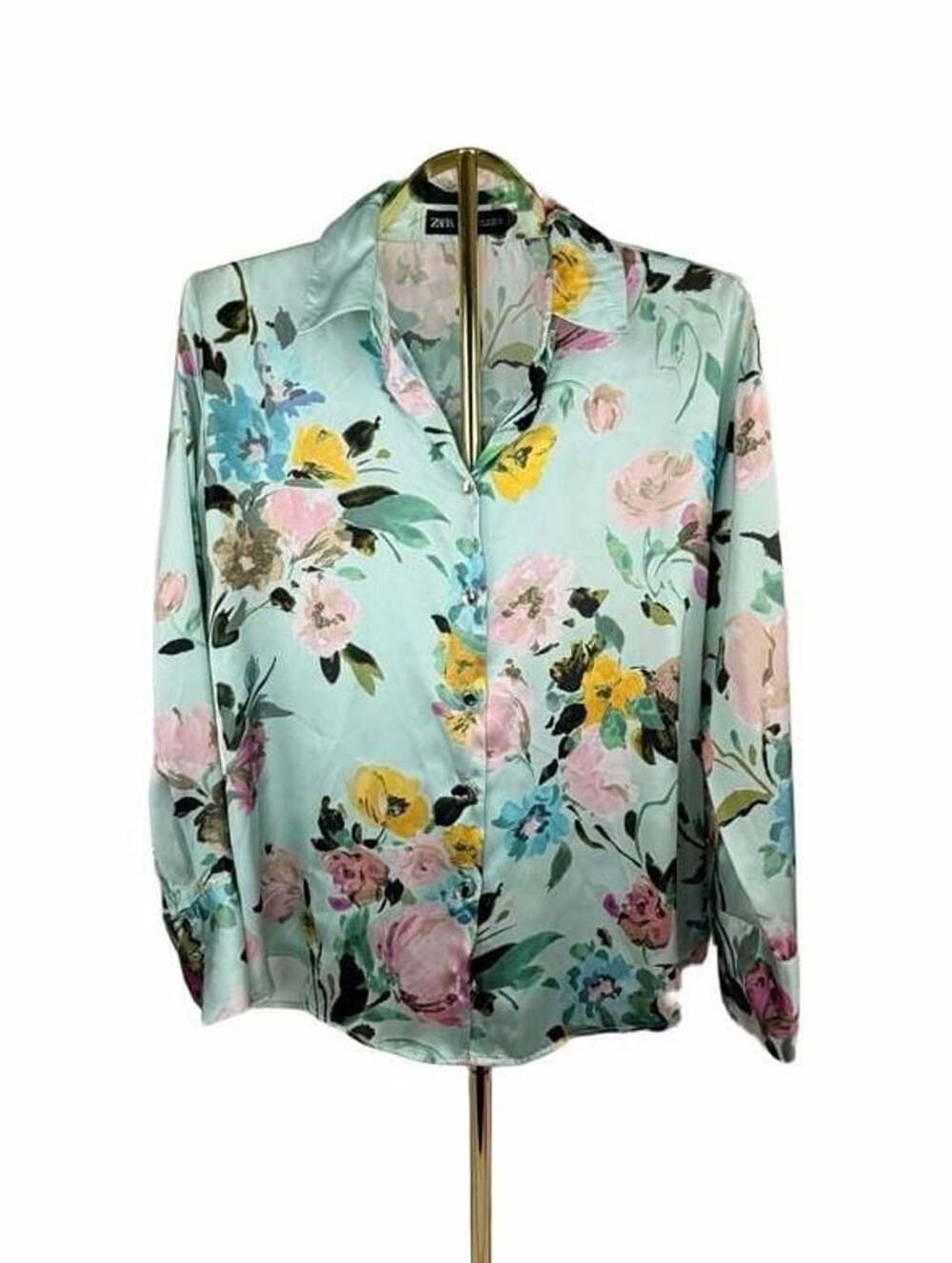 Zara Floral Satin Button Up Shirt Size M Mint Green Long Sleeve Blouse